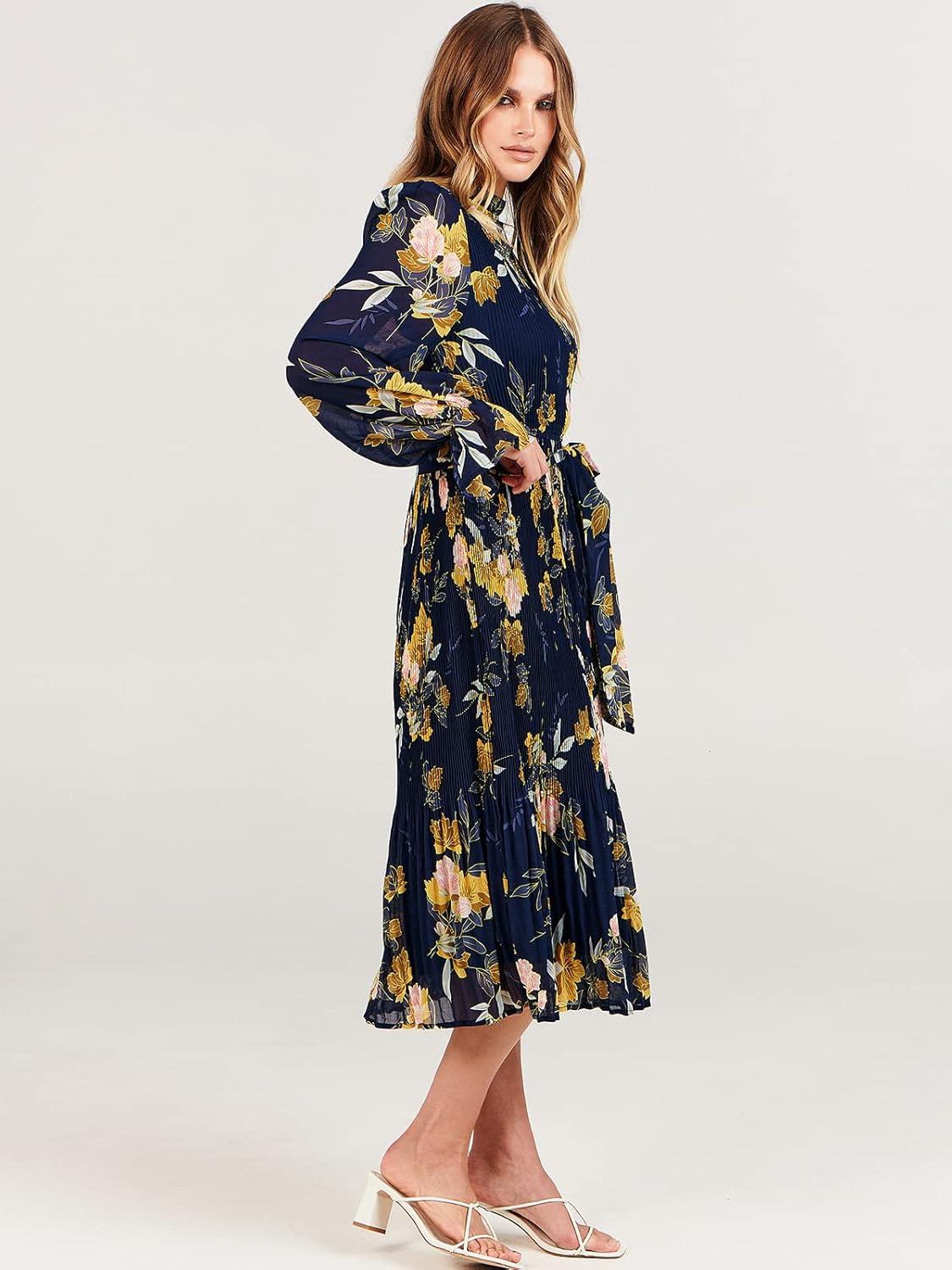 imageANRABESS Womens Floral Chiffon Midi Dress Puff Long Sleeve Mock Neck Summer Wedding Guest Party Dresses Fall 2025 OutfitsFloral Navy