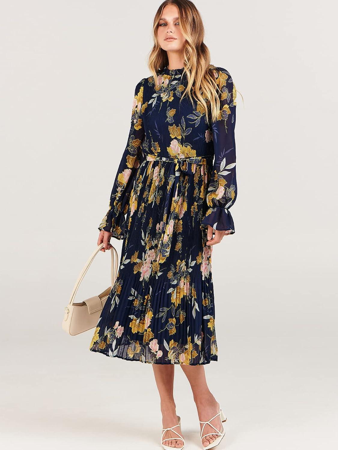 imageANRABESS Womens Floral Chiffon Midi Dress Puff Long Sleeve Mock Neck Summer Wedding Guest Party Dresses Fall 2025 OutfitsFloral Navy