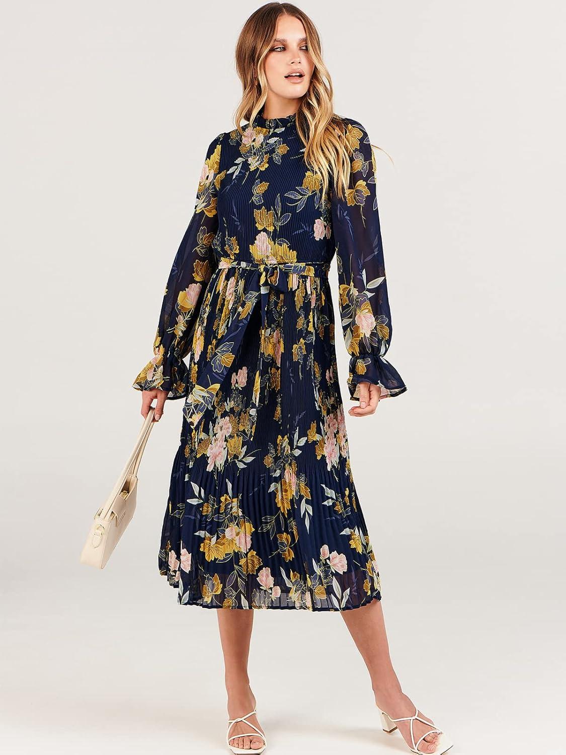 imageANRABESS Womens Floral Chiffon Midi Dress Puff Long Sleeve Mock Neck Summer Wedding Guest Party Dresses Fall 2025 OutfitsFloral Navy