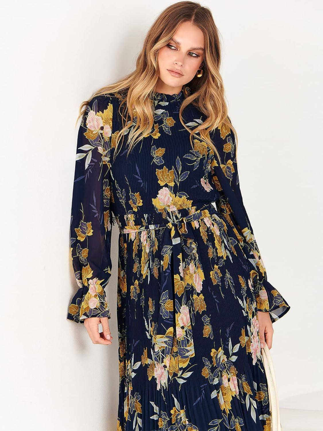 imageANRABESS Womens Floral Chiffon Midi Dress Puff Long Sleeve Mock Neck Summer Wedding Guest Party Dresses Fall 2025 OutfitsFloral Navy