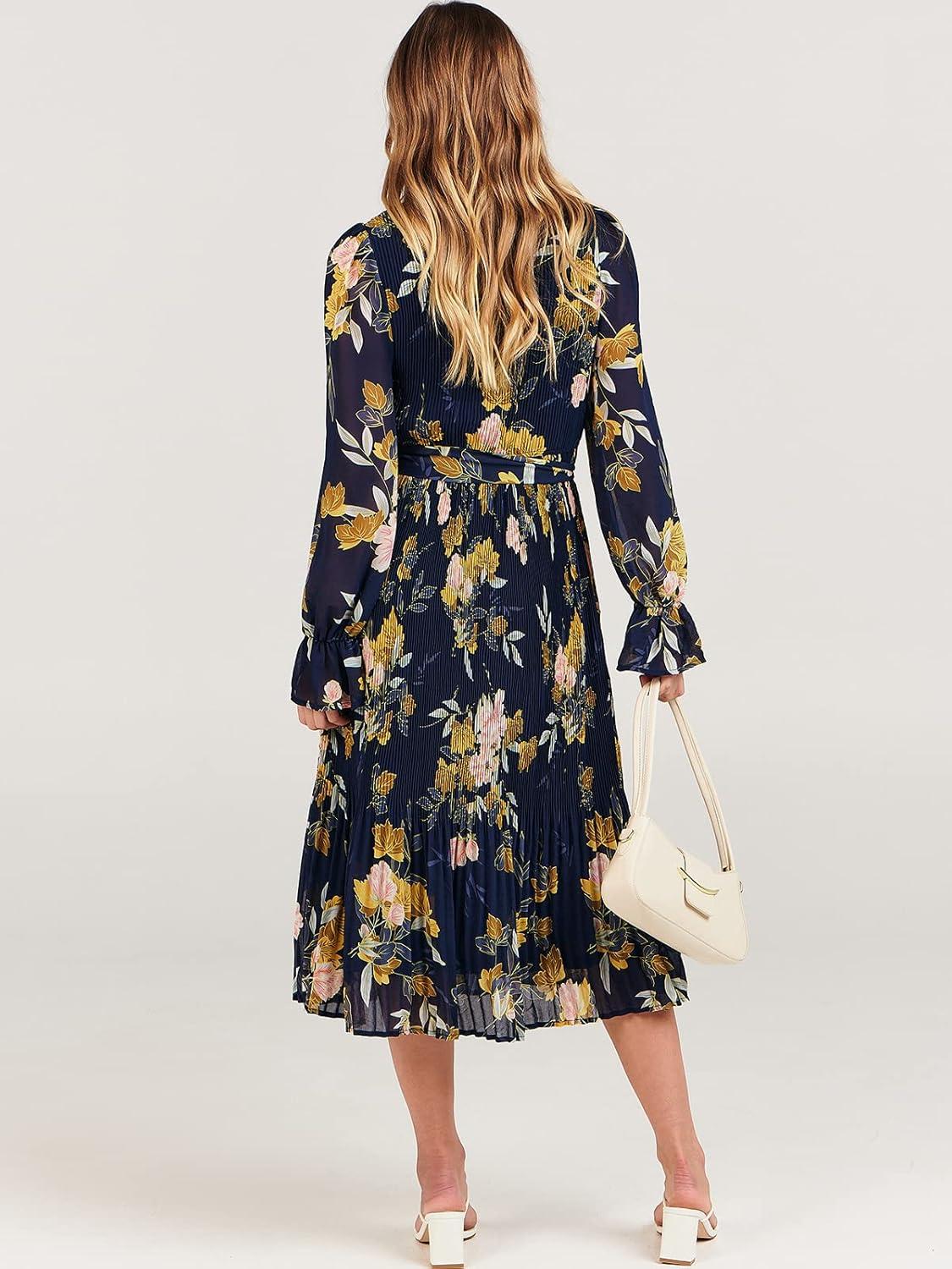 imageANRABESS Womens Floral Chiffon Midi Dress Puff Long Sleeve Mock Neck Summer Wedding Guest Party Dresses Fall 2025 OutfitsFloral Navy