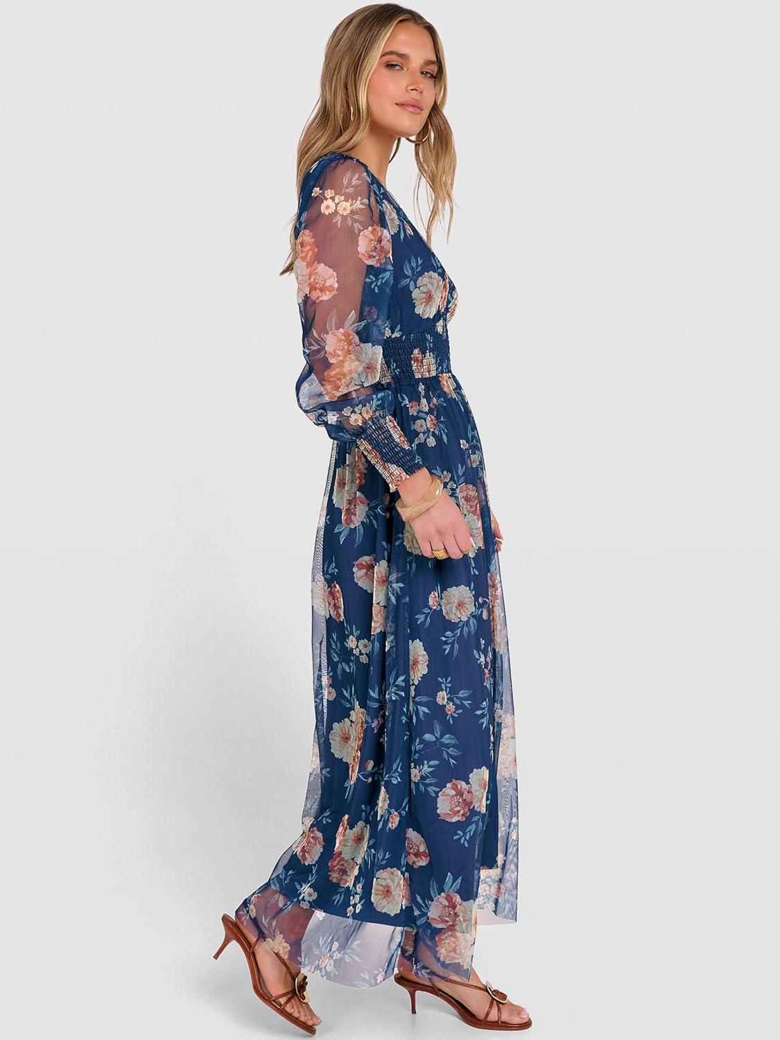 imageANRABESS Womens Floral Maxi Dress 2025 Fall V Neck Puff Long Sleeve Flowy Casual Wedding Guest Tee Party Tulle DressesBlue Golden Flower