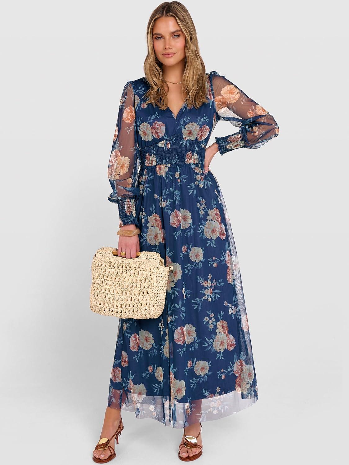 imageANRABESS Womens Floral Maxi Dress 2025 Fall V Neck Puff Long Sleeve Flowy Casual Wedding Guest Tee Party Tulle DressesBlue Golden Flower