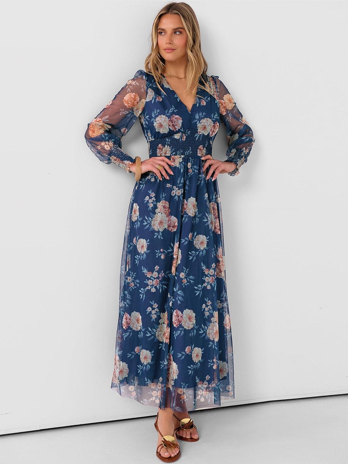 imageANRABESS Womens Floral Maxi Dress 2025 Fall V Neck Puff Long Sleeve Flowy Casual Wedding Guest Tee Party Tulle DressesBlue Golden Flower