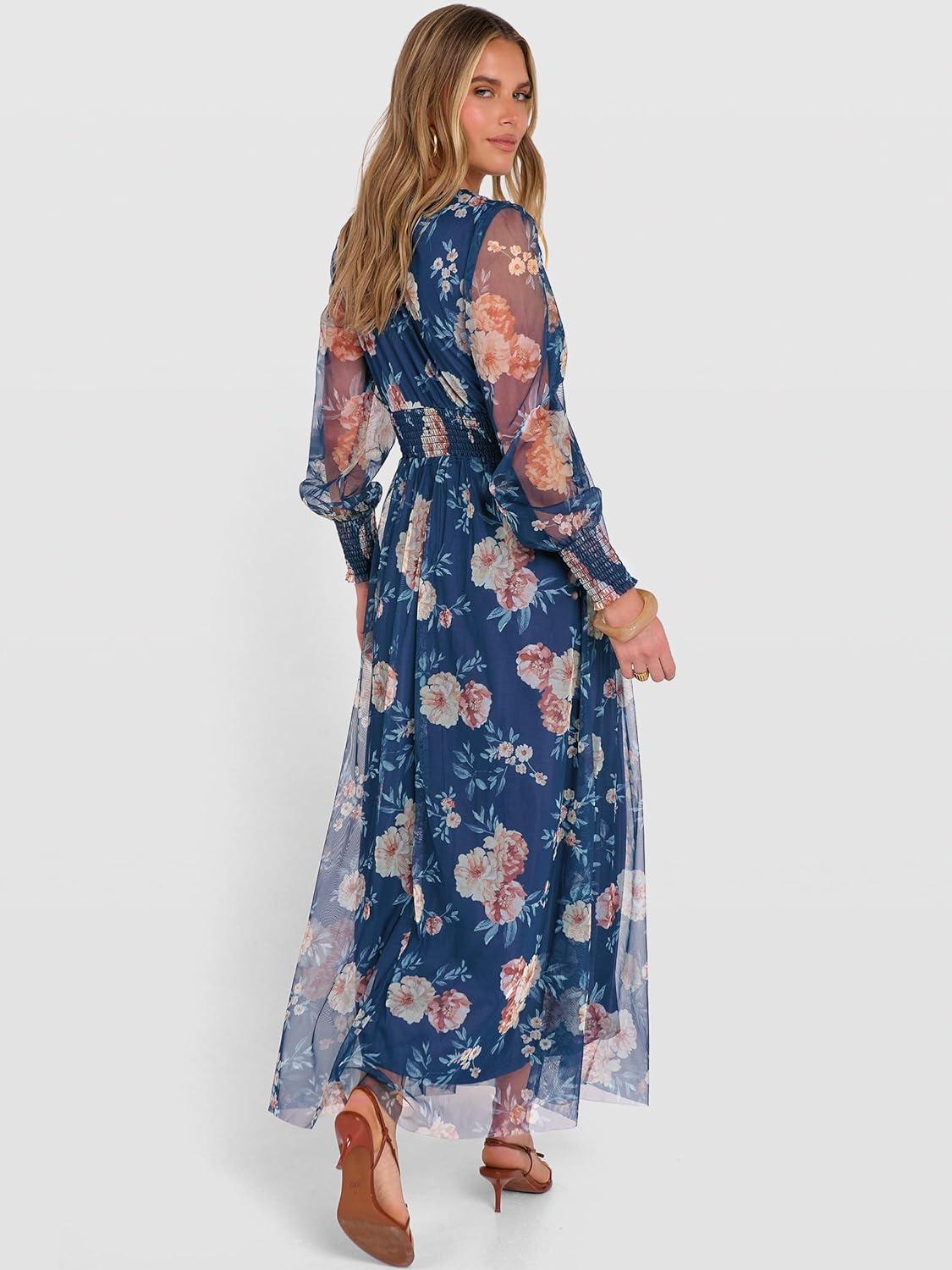 imageANRABESS Womens Floral Maxi Dress 2025 Fall V Neck Puff Long Sleeve Flowy Casual Wedding Guest Tee Party Tulle DressesBlue Golden Flower