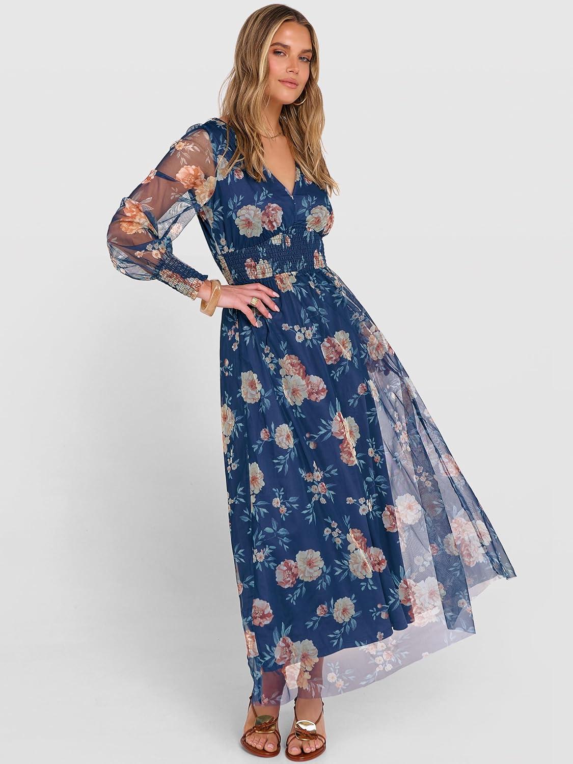 imageANRABESS Womens Floral Maxi Dress 2025 Fall V Neck Puff Long Sleeve Flowy Casual Wedding Guest Tee Party Tulle DressesBlue Golden Flower