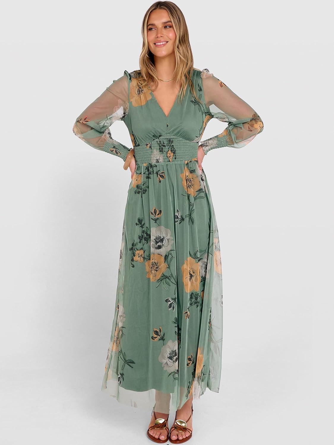 imageANRABESS Womens Floral Maxi Dress 2025 Fall V Neck Puff Long Sleeve Flowy Casual Wedding Guest Tee Party Tulle DressesDusty Olive Floral