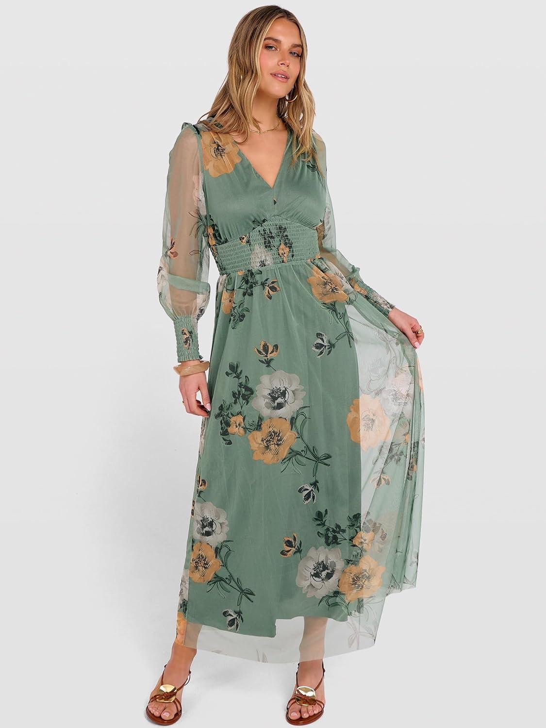 imageANRABESS Womens Floral Maxi Dress 2025 Fall V Neck Puff Long Sleeve Flowy Casual Wedding Guest Tee Party Tulle DressesDusty Olive Floral