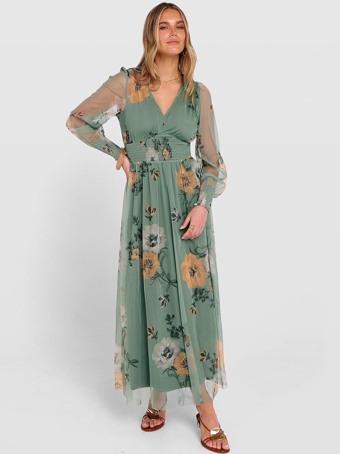 imageANRABESS Womens Floral Maxi Dress 2025 Fall V Neck Puff Long Sleeve Flowy Casual Wedding Guest Tee Party Tulle DressesDusty Olive Floral