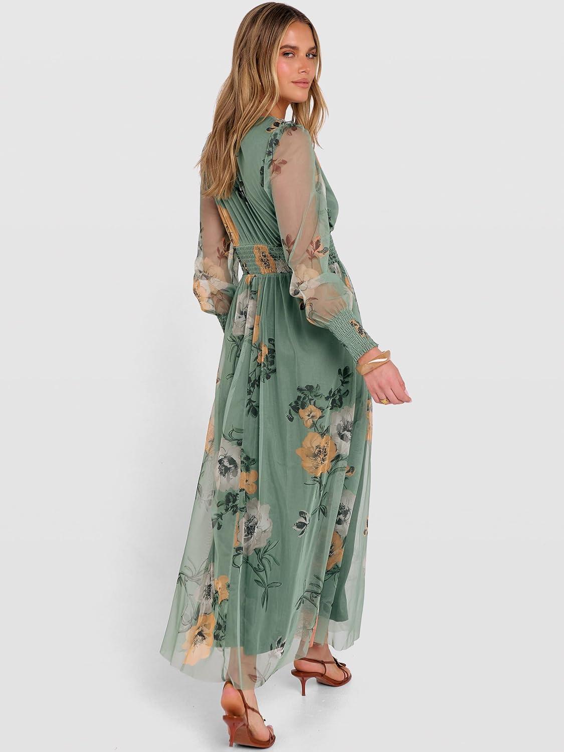 imageANRABESS Womens Floral Maxi Dress 2025 Fall V Neck Puff Long Sleeve Flowy Casual Wedding Guest Tee Party Tulle DressesDusty Olive Floral