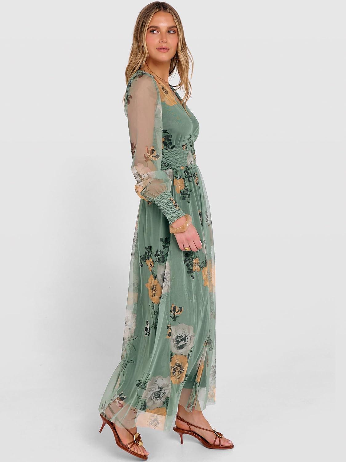 imageANRABESS Womens Floral Maxi Dress 2025 Fall V Neck Puff Long Sleeve Flowy Casual Wedding Guest Tee Party Tulle DressesDusty Olive Floral