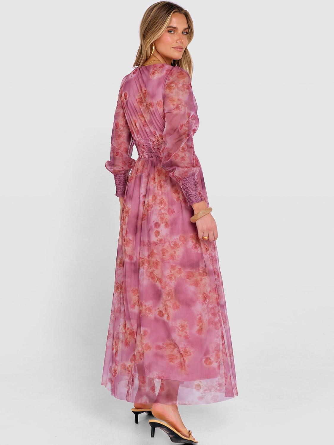 imageANRABESS Womens Floral Maxi Dress 2025 Fall V Neck Puff Long Sleeve Flowy Casual Wedding Guest Tee Party Tulle DressesDusty Orchid Floral