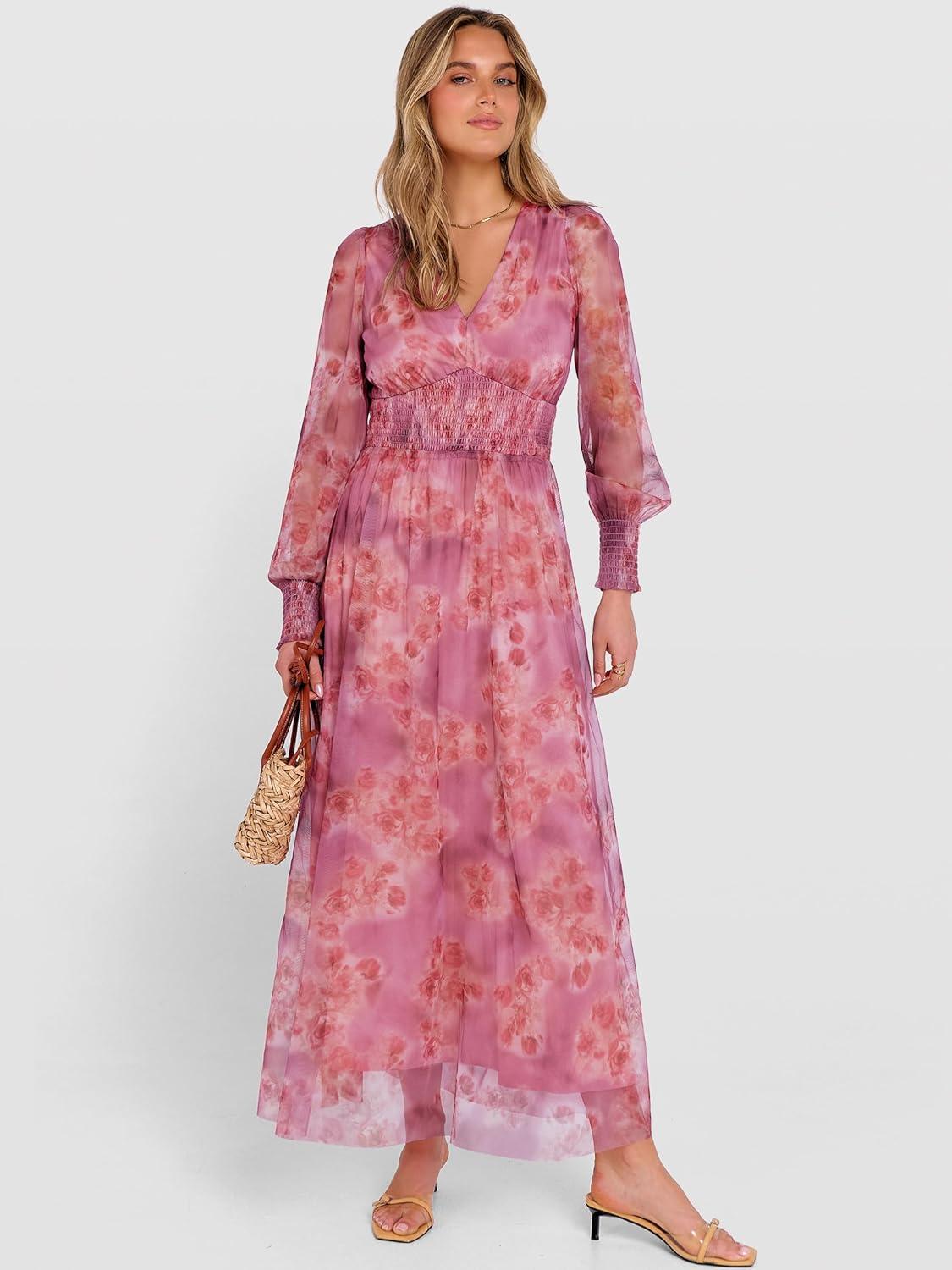 imageANRABESS Womens Floral Maxi Dress 2025 Fall V Neck Puff Long Sleeve Flowy Casual Wedding Guest Tee Party Tulle DressesDusty Orchid Floral