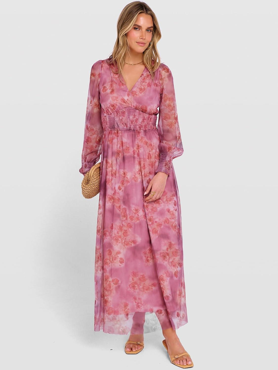 imageANRABESS Womens Floral Maxi Dress 2025 Fall V Neck Puff Long Sleeve Flowy Casual Wedding Guest Tee Party Tulle DressesDusty Orchid Floral