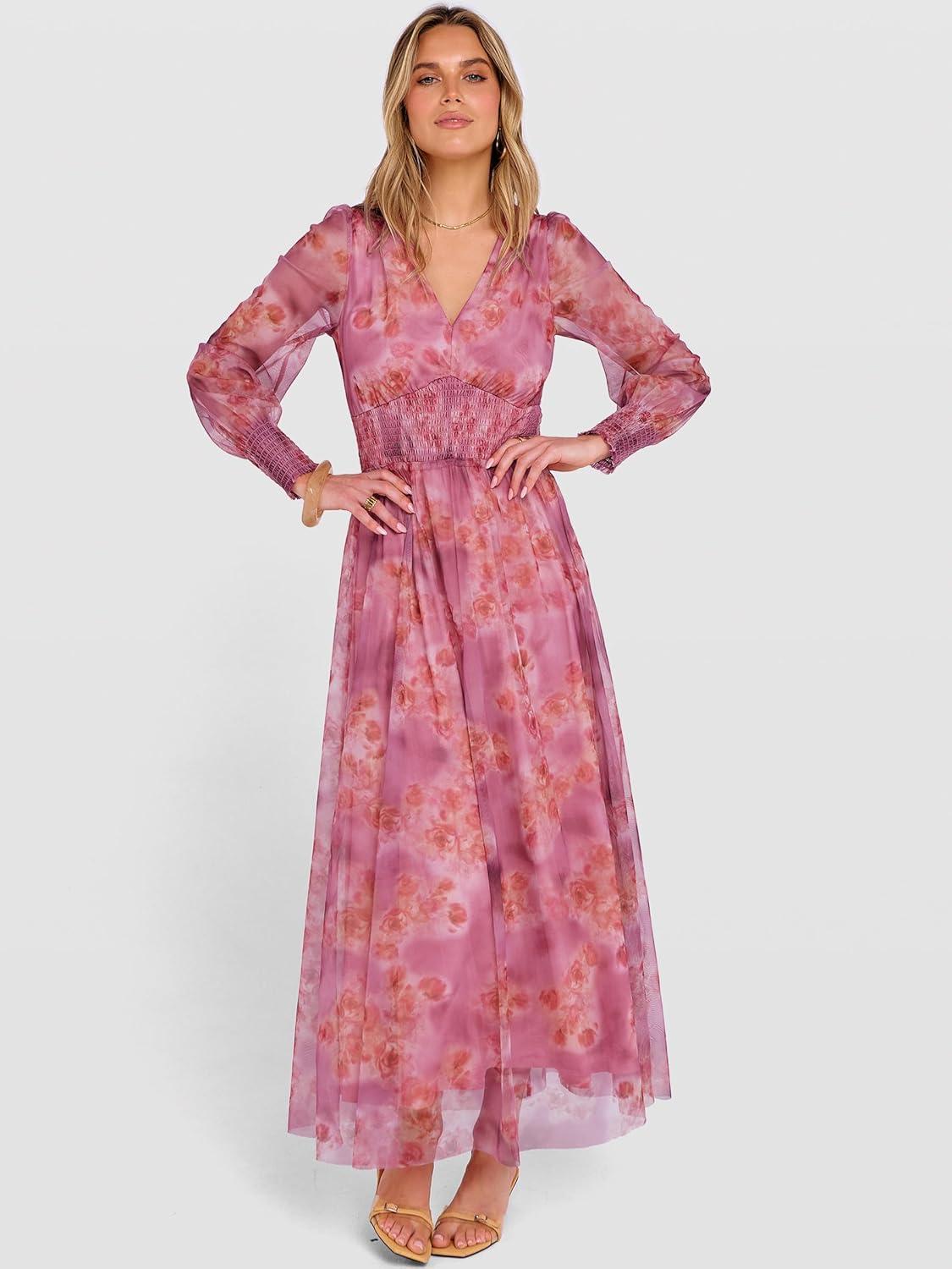 imageANRABESS Womens Floral Maxi Dress 2025 Fall V Neck Puff Long Sleeve Flowy Casual Wedding Guest Tee Party Tulle DressesDusty Orchid Floral