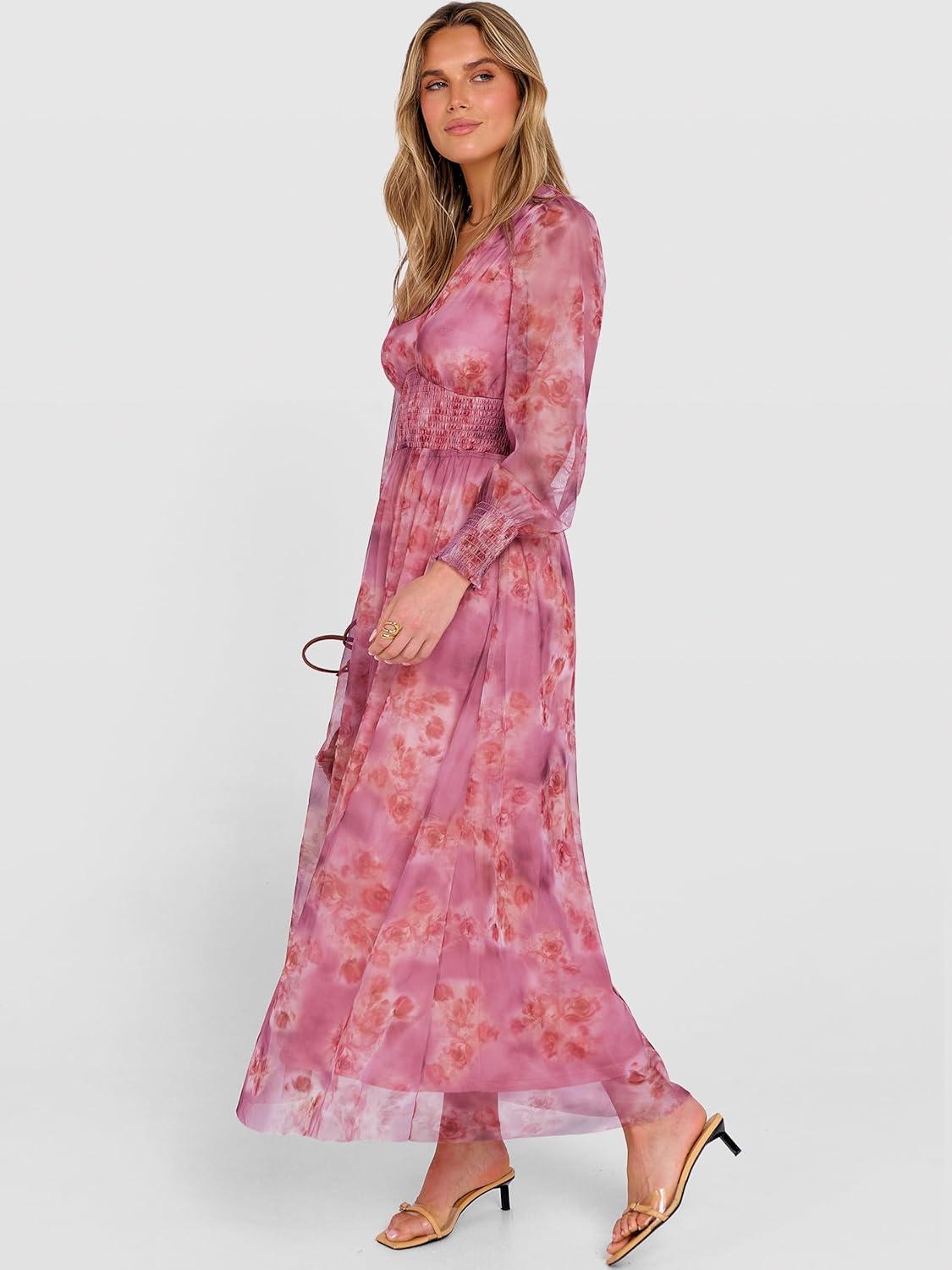 imageANRABESS Womens Floral Maxi Dress 2025 Fall V Neck Puff Long Sleeve Flowy Casual Wedding Guest Tee Party Tulle DressesDusty Orchid Floral