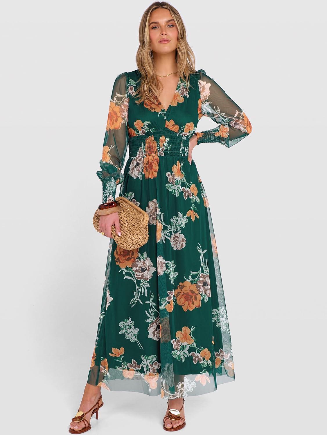 imageANRABESS Womens Floral Maxi Dress 2025 Fall V Neck Puff Long Sleeve Flowy Casual Wedding Guest Tee Party Tulle DressesEmerald Green Floral