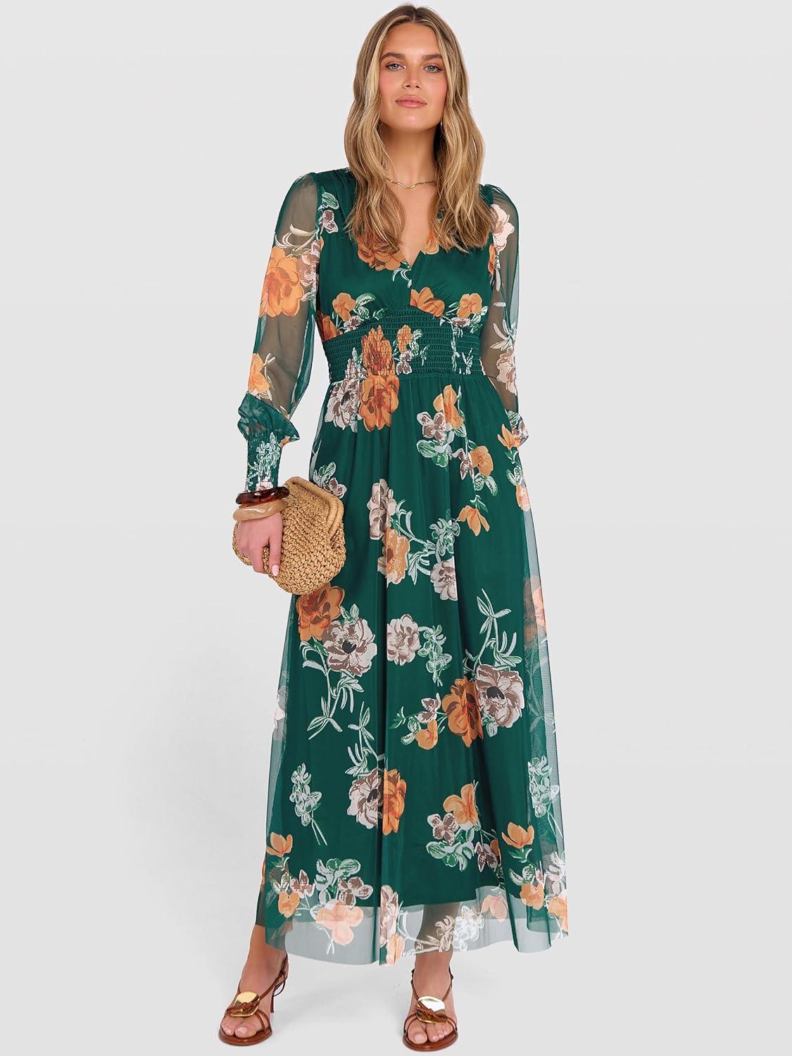 imageANRABESS Womens Floral Maxi Dress 2025 Fall V Neck Puff Long Sleeve Flowy Casual Wedding Guest Tee Party Tulle DressesEmerald Green Floral