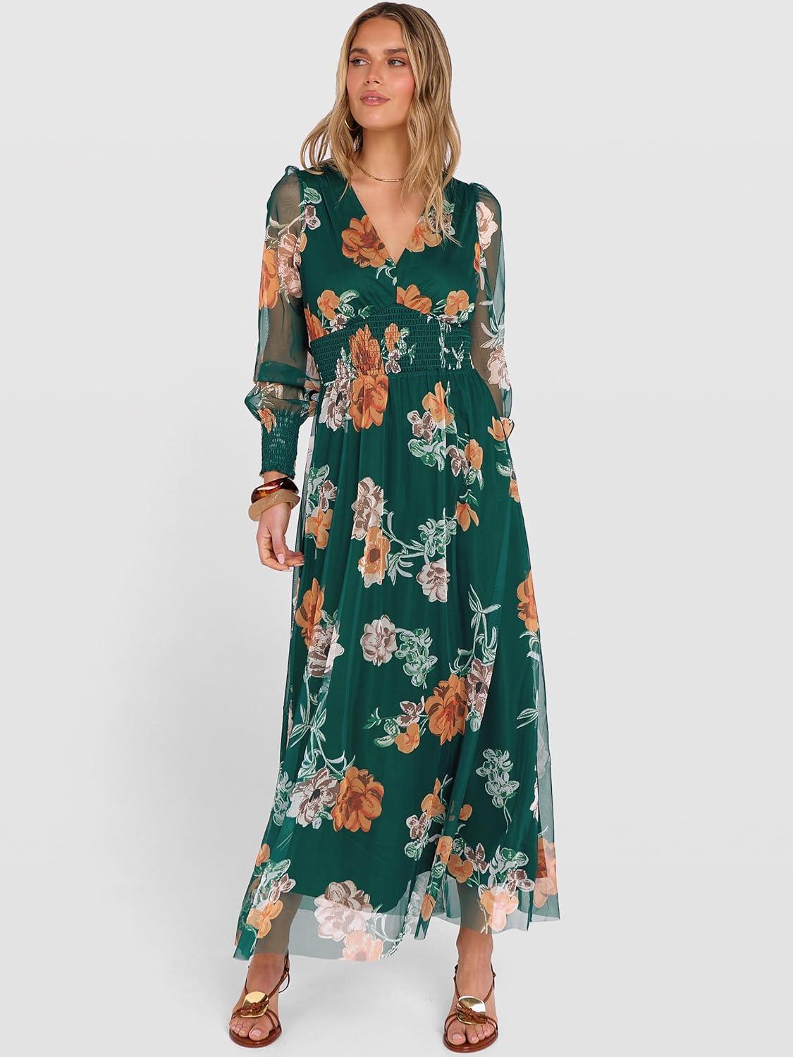 imageANRABESS Womens Floral Maxi Dress 2025 Fall V Neck Puff Long Sleeve Flowy Casual Wedding Guest Tee Party Tulle DressesEmerald Green Floral