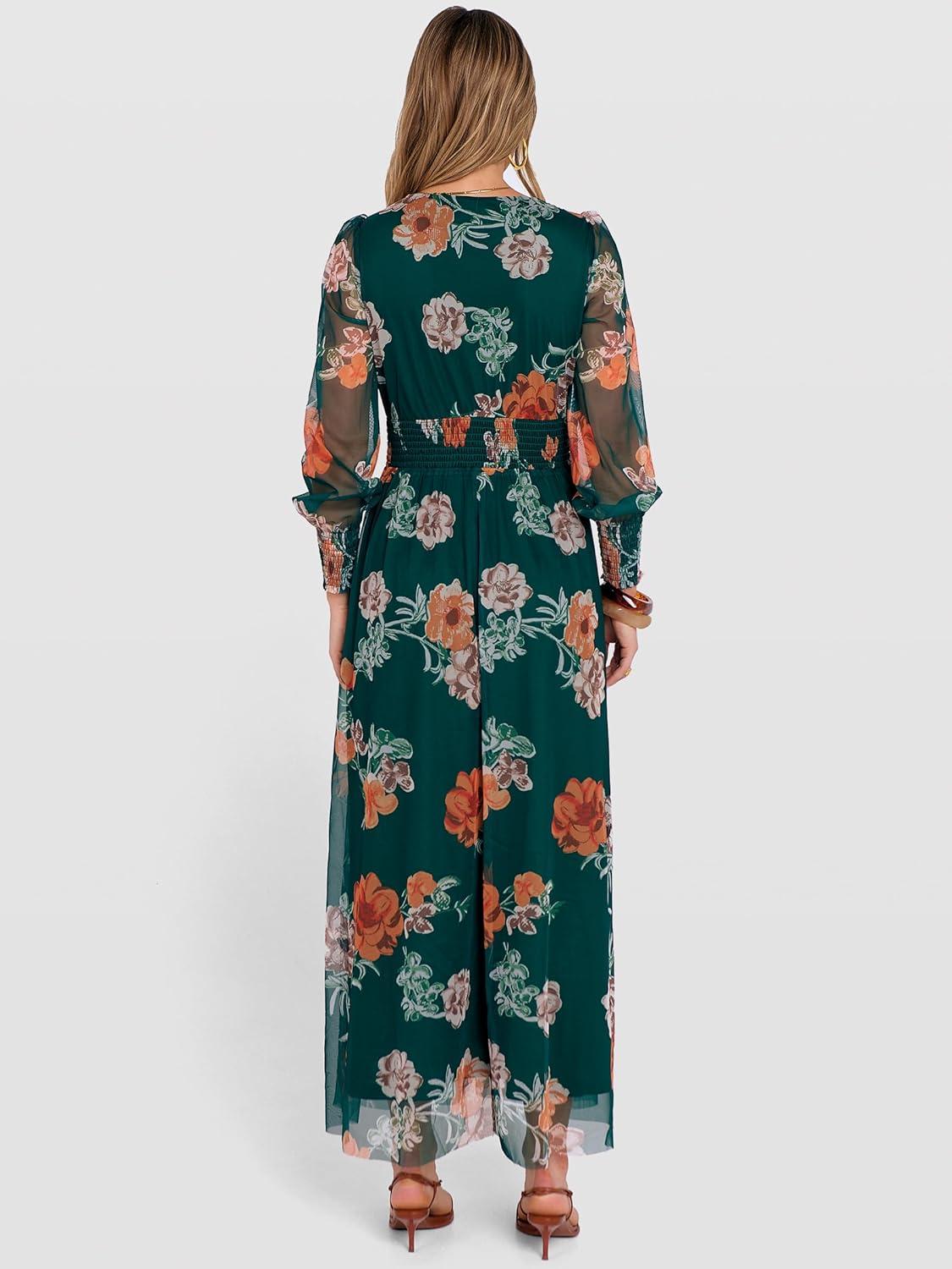 imageANRABESS Womens Floral Maxi Dress 2025 Fall V Neck Puff Long Sleeve Flowy Casual Wedding Guest Tee Party Tulle DressesEmerald Green Floral