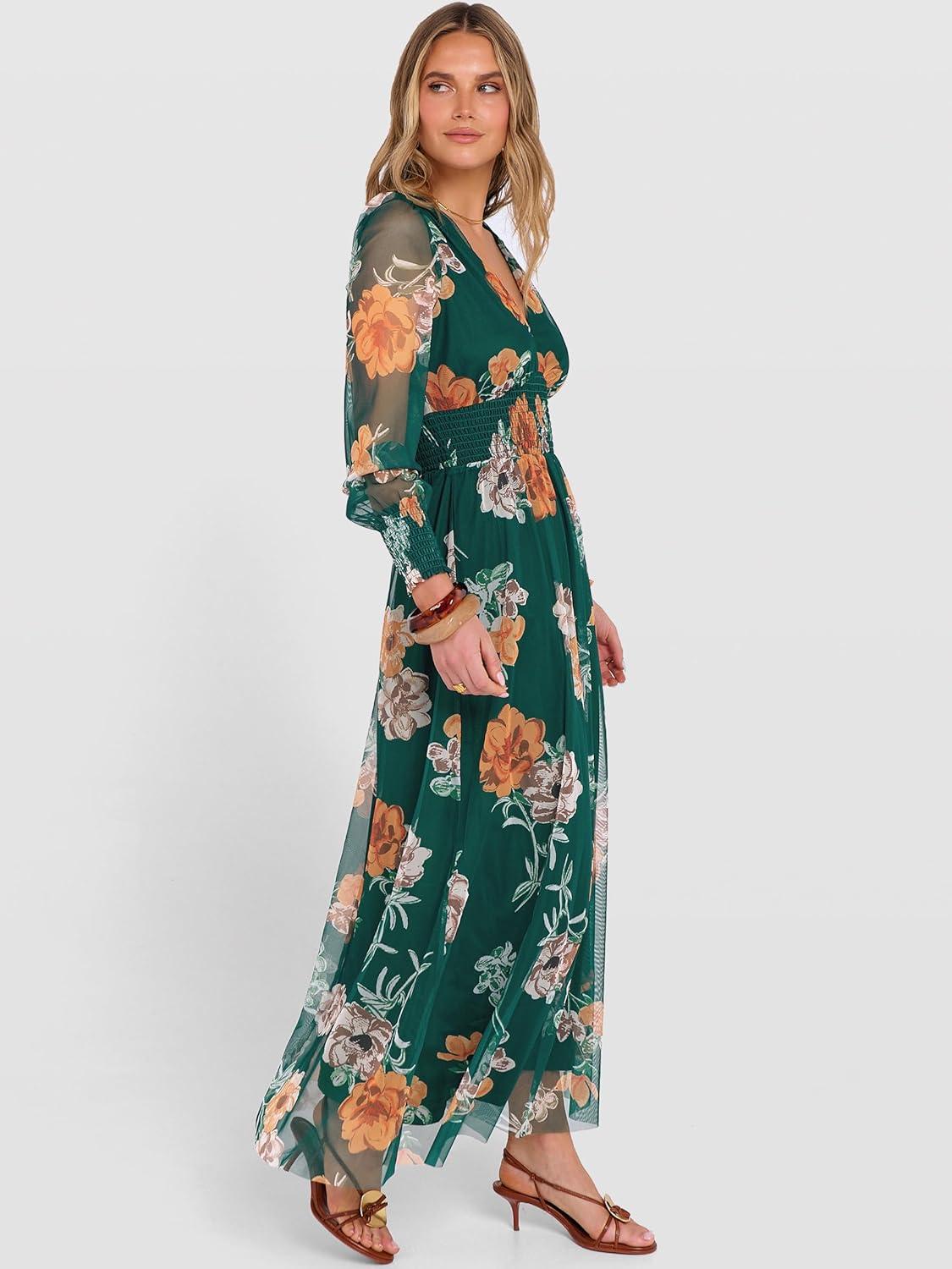 imageANRABESS Womens Floral Maxi Dress 2025 Fall V Neck Puff Long Sleeve Flowy Casual Wedding Guest Tee Party Tulle DressesEmerald Green Floral