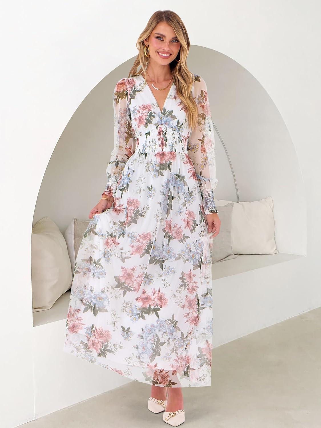 imageANRABESS Womens Floral Maxi Dress 2025 Fall V Neck Puff Long Sleeve Flowy Casual Wedding Guest Tee Party Tulle DressesPink Peony White