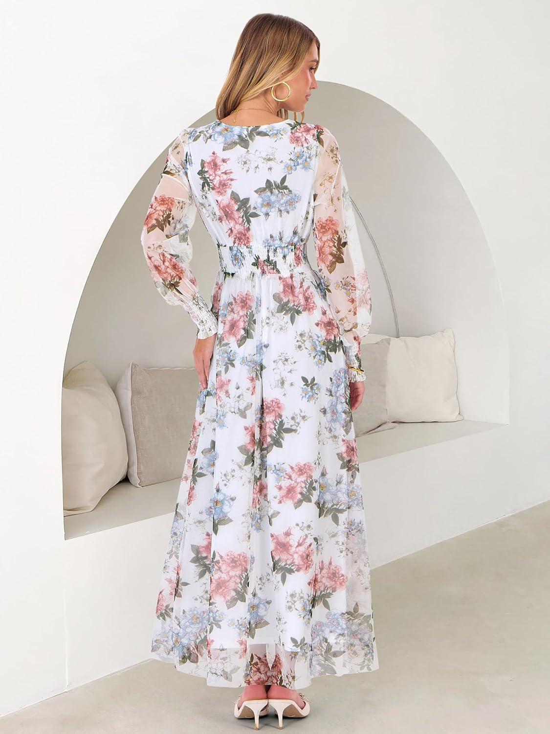 imageANRABESS Womens Floral Maxi Dress 2025 Fall V Neck Puff Long Sleeve Flowy Casual Wedding Guest Tee Party Tulle DressesPink Peony White