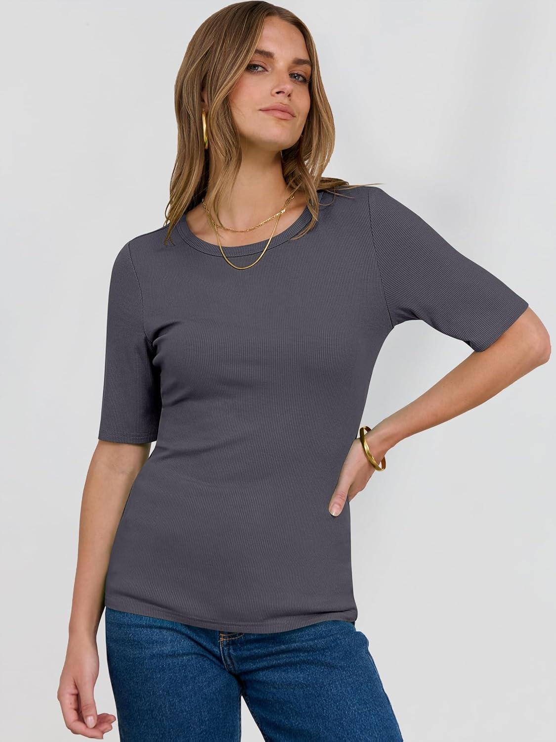 imageANRABESS Womens Half Sleeve Crewneck Tops Ribbed Knit Slim Fit Shirts Basic Tee 2025 Spring Summer Dressy Casual TShirtsDeep Grey
