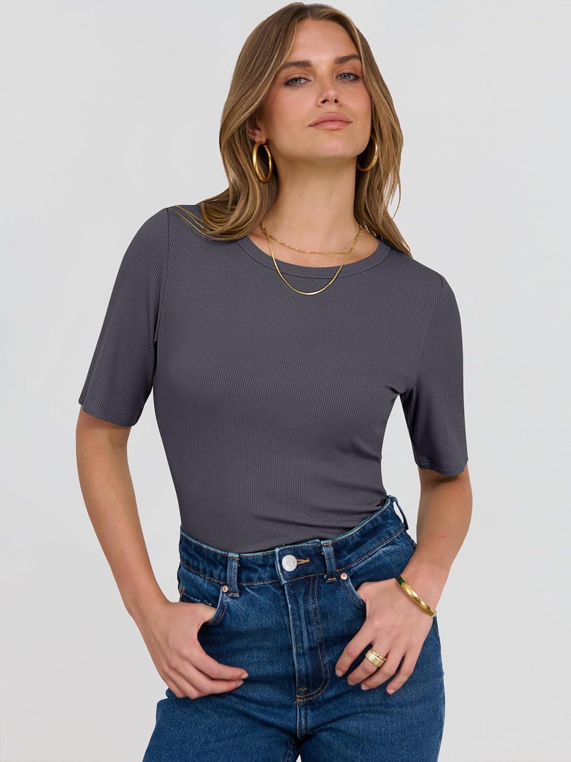 imageANRABESS Womens Half Sleeve Crewneck Tops Ribbed Knit Slim Fit Shirts Basic Tee 2025 Spring Summer Dressy Casual TShirtsDeep Grey