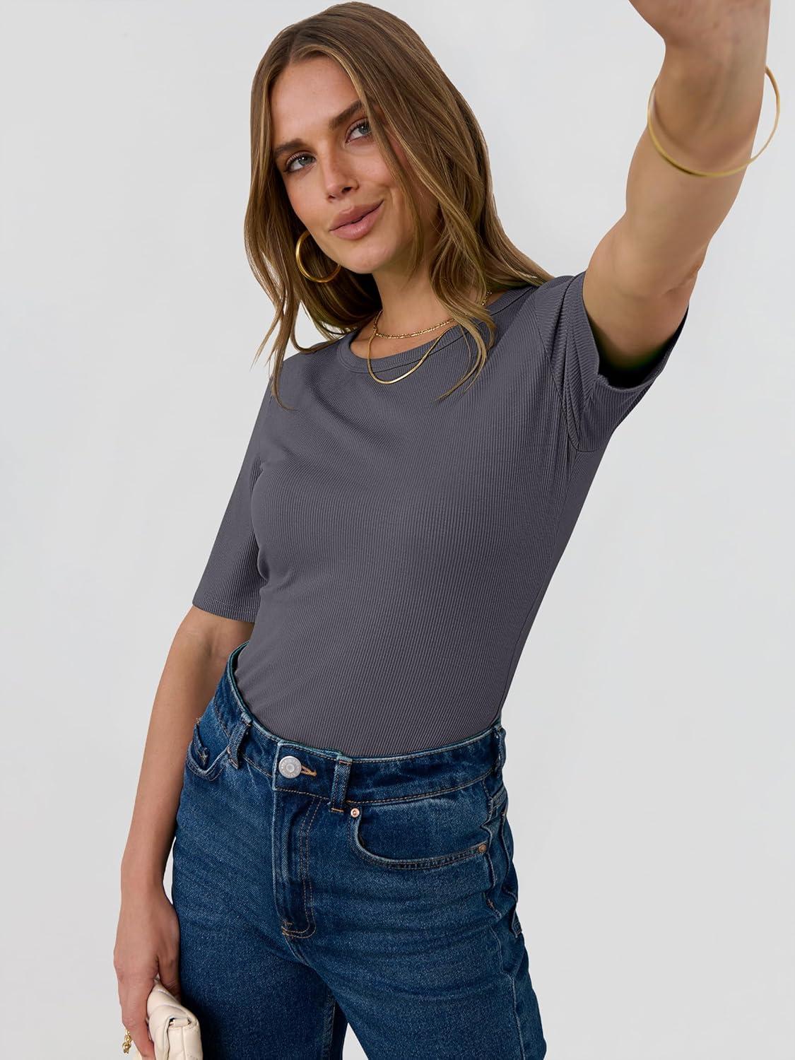 imageANRABESS Womens Half Sleeve Crewneck Tops Ribbed Knit Slim Fit Shirts Basic Tee 2025 Spring Summer Dressy Casual TShirtsDeep Grey