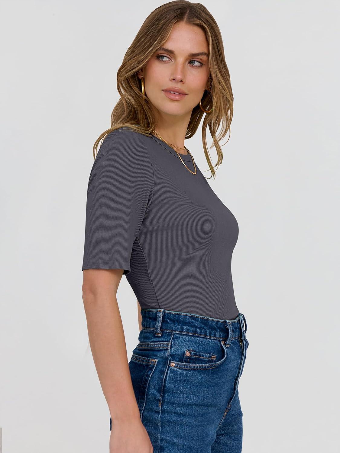 imageANRABESS Womens Half Sleeve Crewneck Tops Ribbed Knit Slim Fit Shirts Basic Tee 2025 Spring Summer Dressy Casual TShirtsDeep Grey