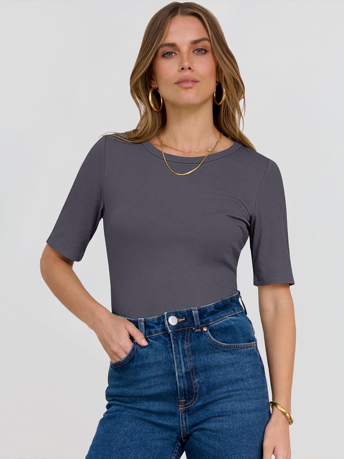 imageANRABESS Womens Half Sleeve Crewneck Tops Ribbed Knit Slim Fit Shirts Basic Tee 2025 Spring Summer Dressy Casual TShirtsDeep Grey