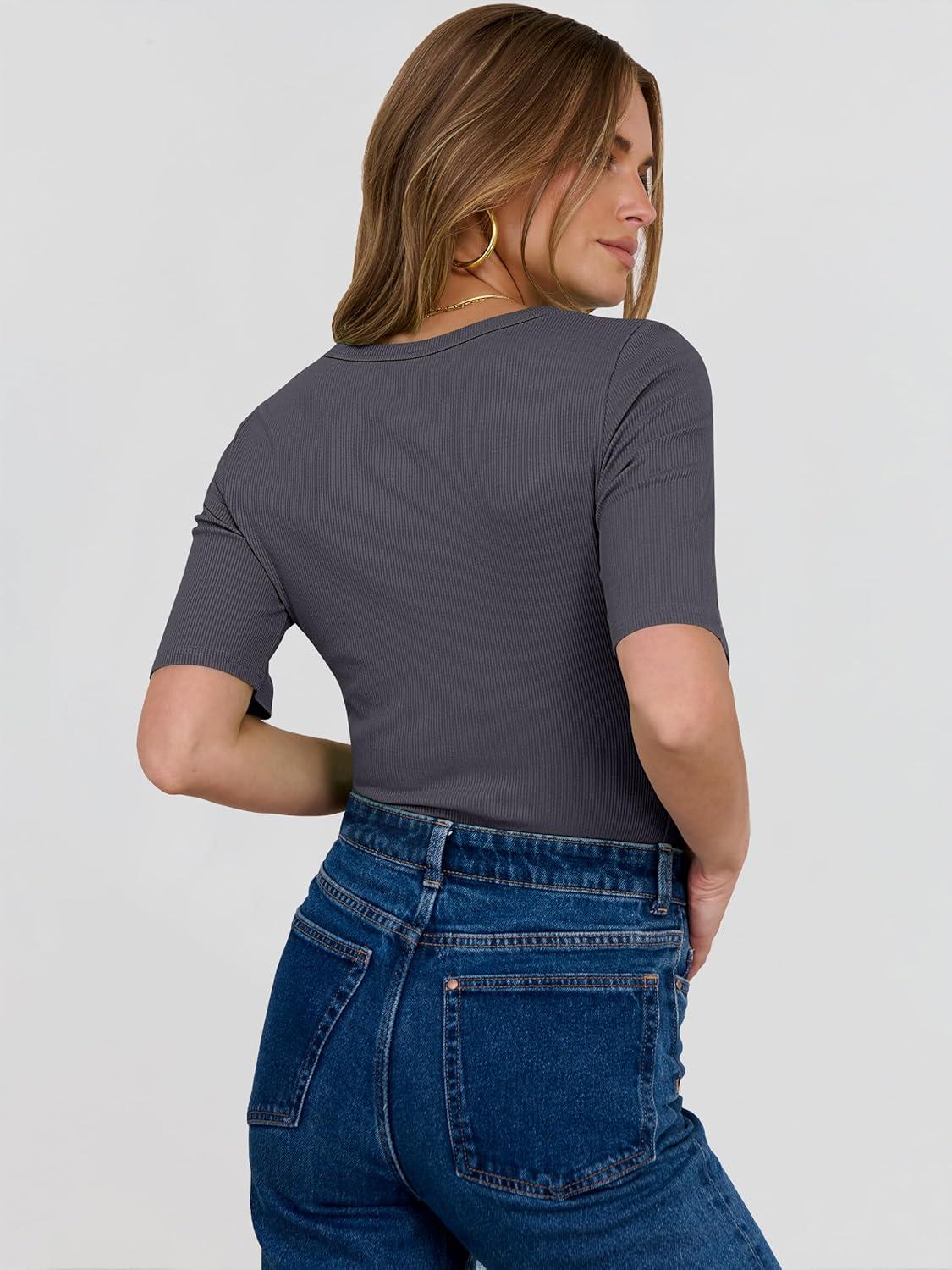 imageANRABESS Womens Half Sleeve Crewneck Tops Ribbed Knit Slim Fit Shirts Basic Tee 2025 Spring Summer Dressy Casual TShirtsDeep Grey