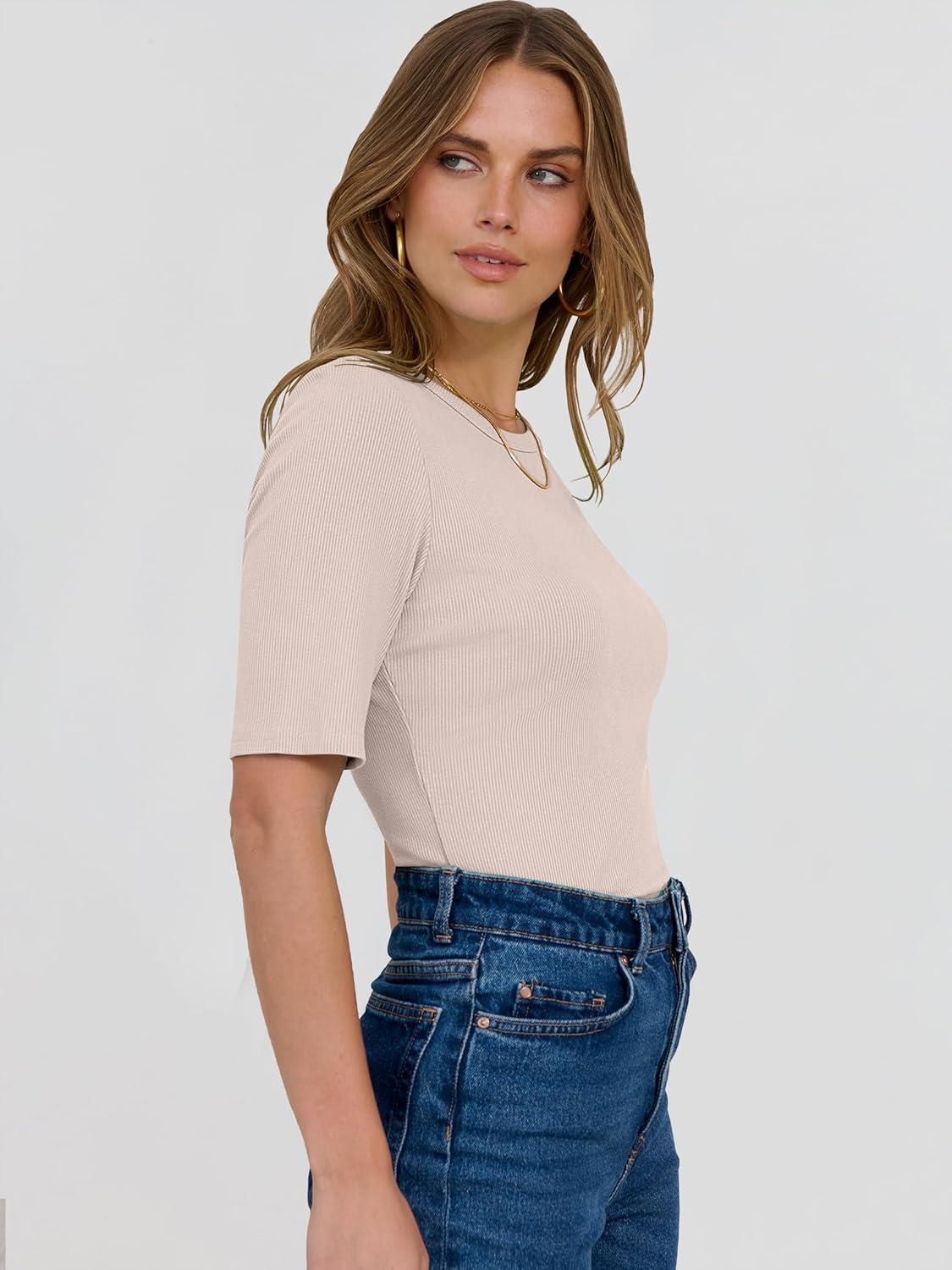 imageANRABESS Womens Half Sleeve Crewneck Tops Ribbed Knit Slim Fit Shirts Basic Tee 2025 Spring Summer Dressy Casual TShirtsLight Apricot