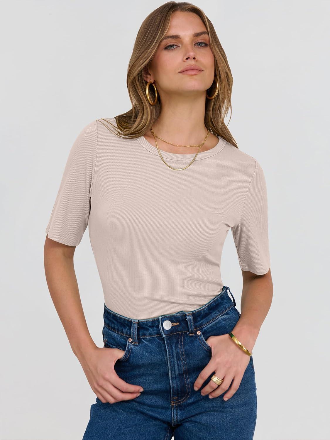 imageANRABESS Womens Half Sleeve Crewneck Tops Ribbed Knit Slim Fit Shirts Basic Tee 2025 Spring Summer Dressy Casual TShirtsLight Apricot