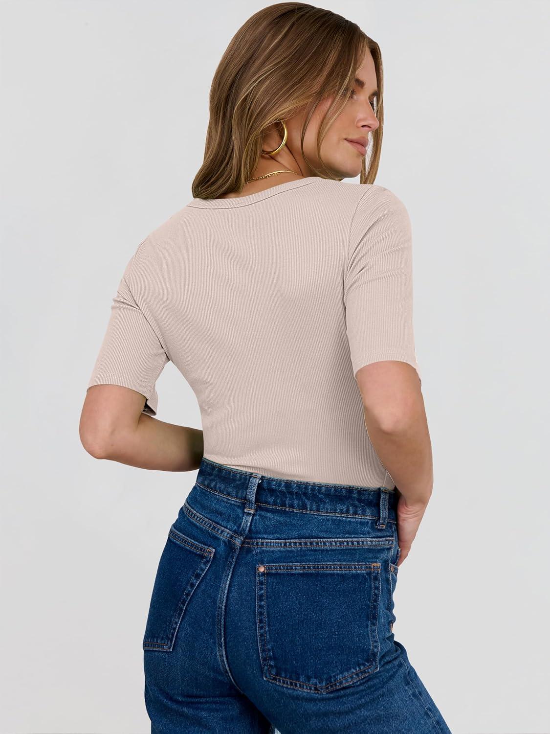 imageANRABESS Womens Half Sleeve Crewneck Tops Ribbed Knit Slim Fit Shirts Basic Tee 2025 Spring Summer Dressy Casual TShirtsLight Apricot