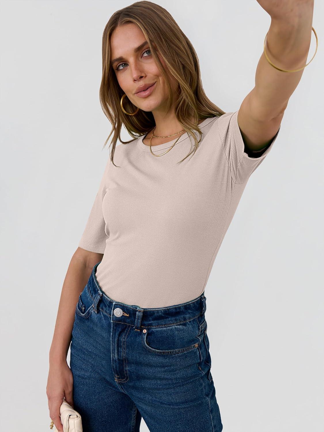 imageANRABESS Womens Half Sleeve Crewneck Tops Ribbed Knit Slim Fit Shirts Basic Tee 2025 Spring Summer Dressy Casual TShirtsLight Apricot