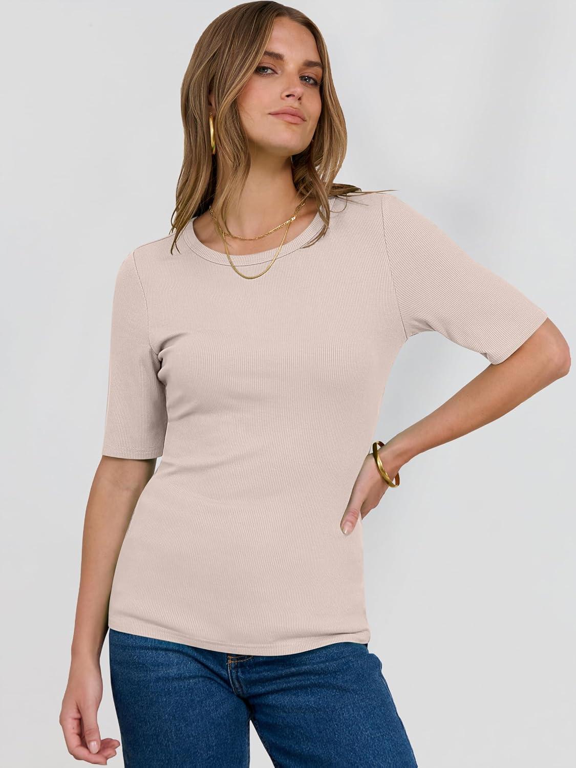 imageANRABESS Womens Half Sleeve Crewneck Tops Ribbed Knit Slim Fit Shirts Basic Tee 2025 Spring Summer Dressy Casual TShirtsLight Apricot