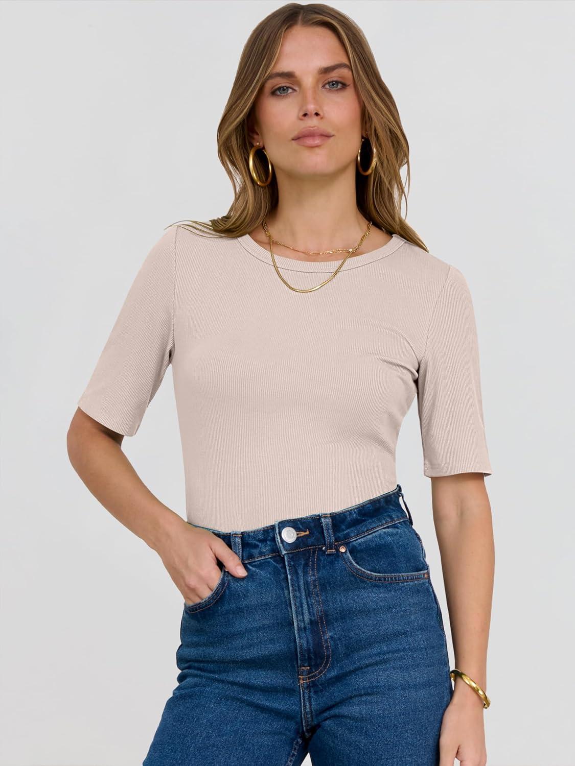 imageANRABESS Womens Half Sleeve Crewneck Tops Ribbed Knit Slim Fit Shirts Basic Tee 2025 Spring Summer Dressy Casual TShirtsLight Apricot