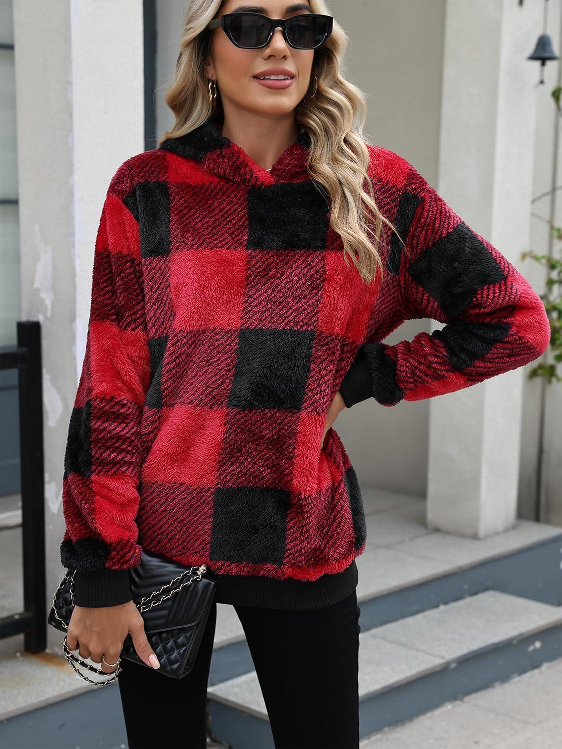 imageANRABESS Womens Hoodies Fleece Sherpa Sweatshirt 2025 Fall Loose Double Fuzzy Cozy Fluffy Warm Winter Pullover with PocketRed Plaid