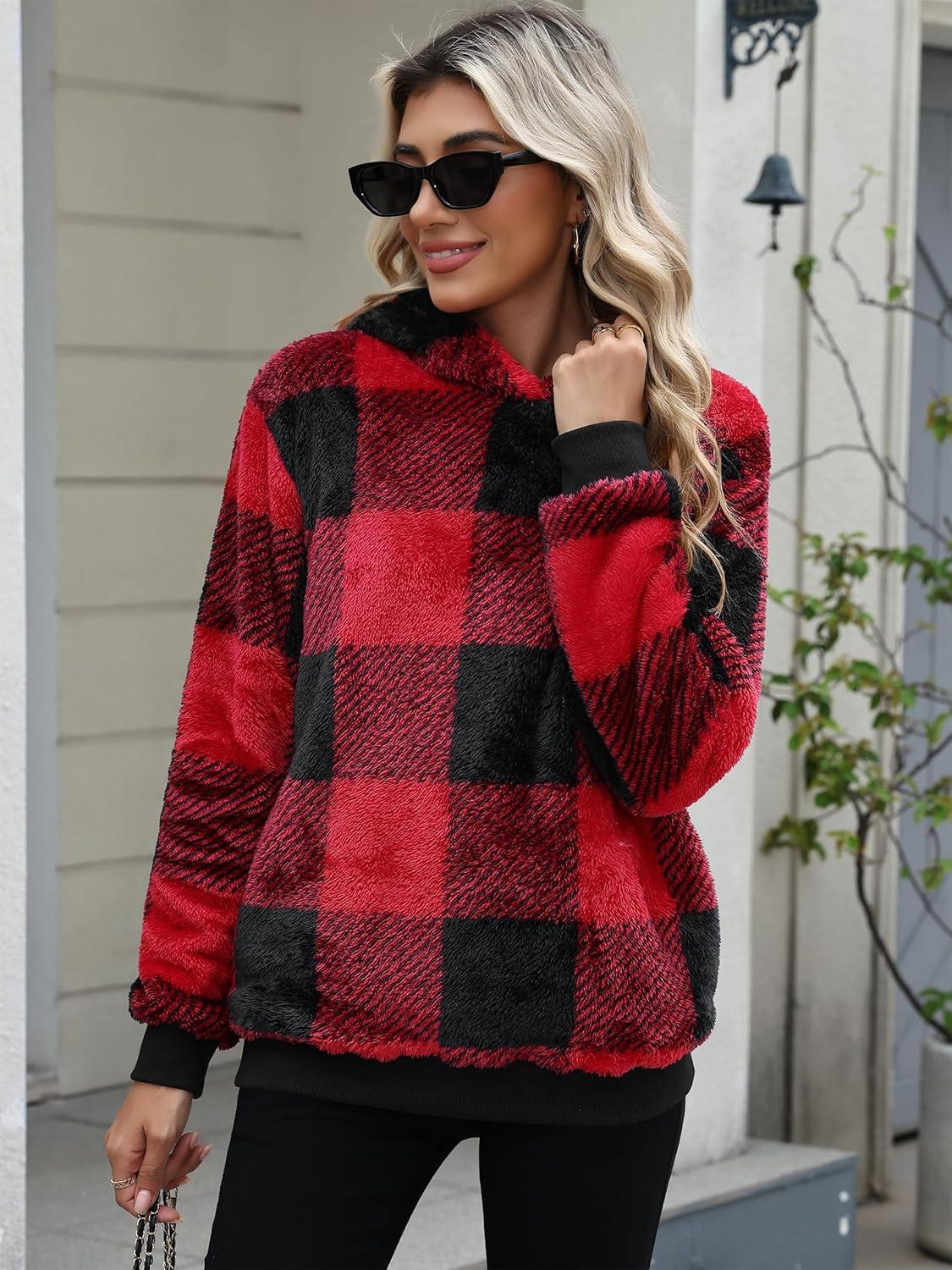 imageANRABESS Womens Hoodies Fleece Sherpa Sweatshirt 2025 Fall Loose Double Fuzzy Cozy Fluffy Warm Winter Pullover with PocketRed Plaid