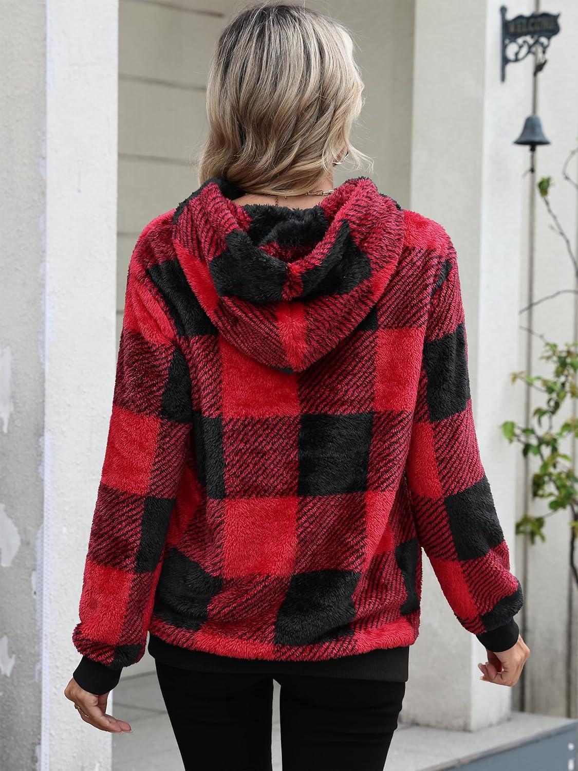 imageANRABESS Womens Hoodies Fleece Sherpa Sweatshirt 2025 Fall Loose Double Fuzzy Cozy Fluffy Warm Winter Pullover with PocketRed Plaid
