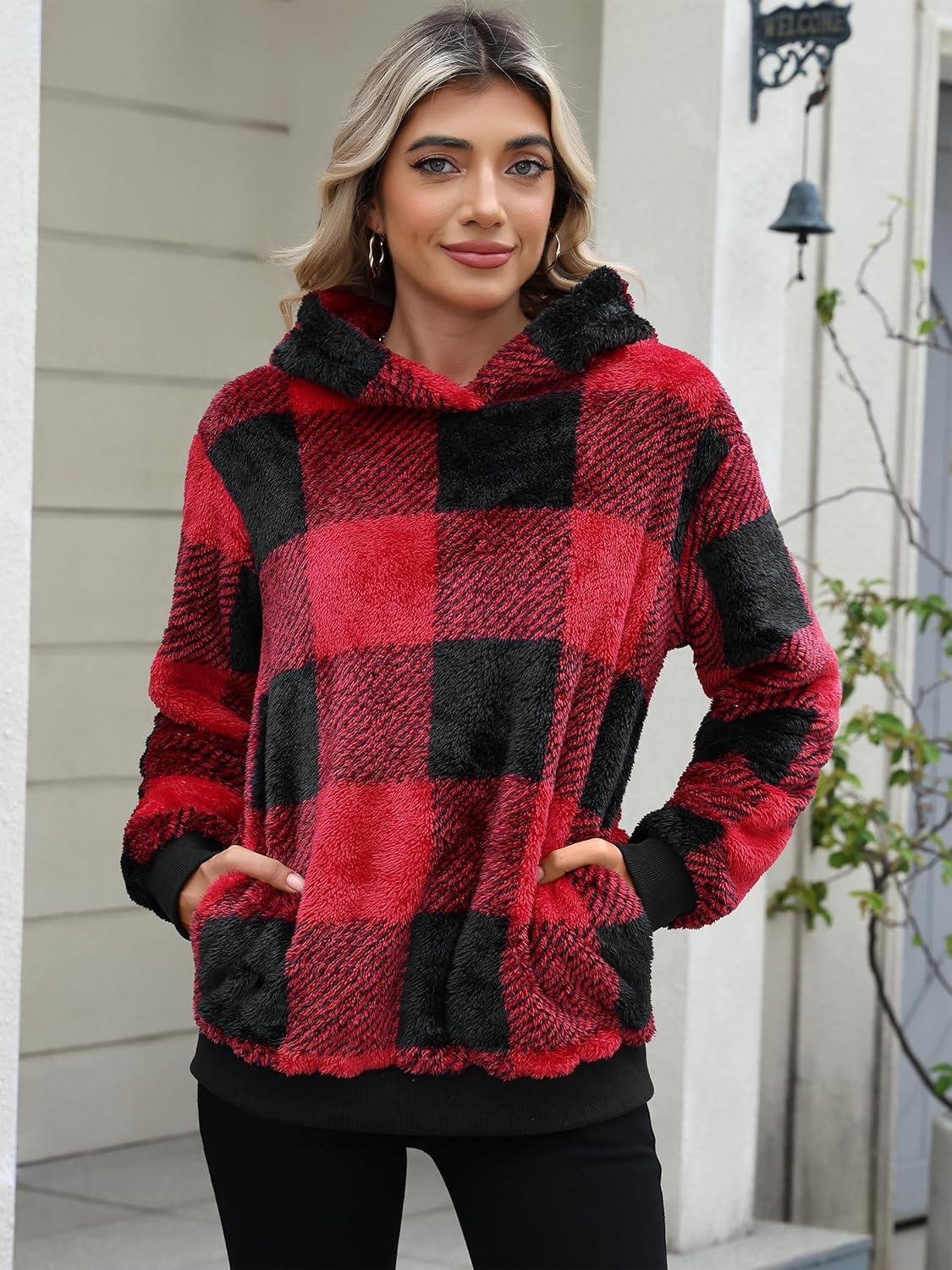 imageANRABESS Womens Hoodies Fleece Sherpa Sweatshirt 2025 Fall Loose Double Fuzzy Cozy Fluffy Warm Winter Pullover with PocketRed Plaid