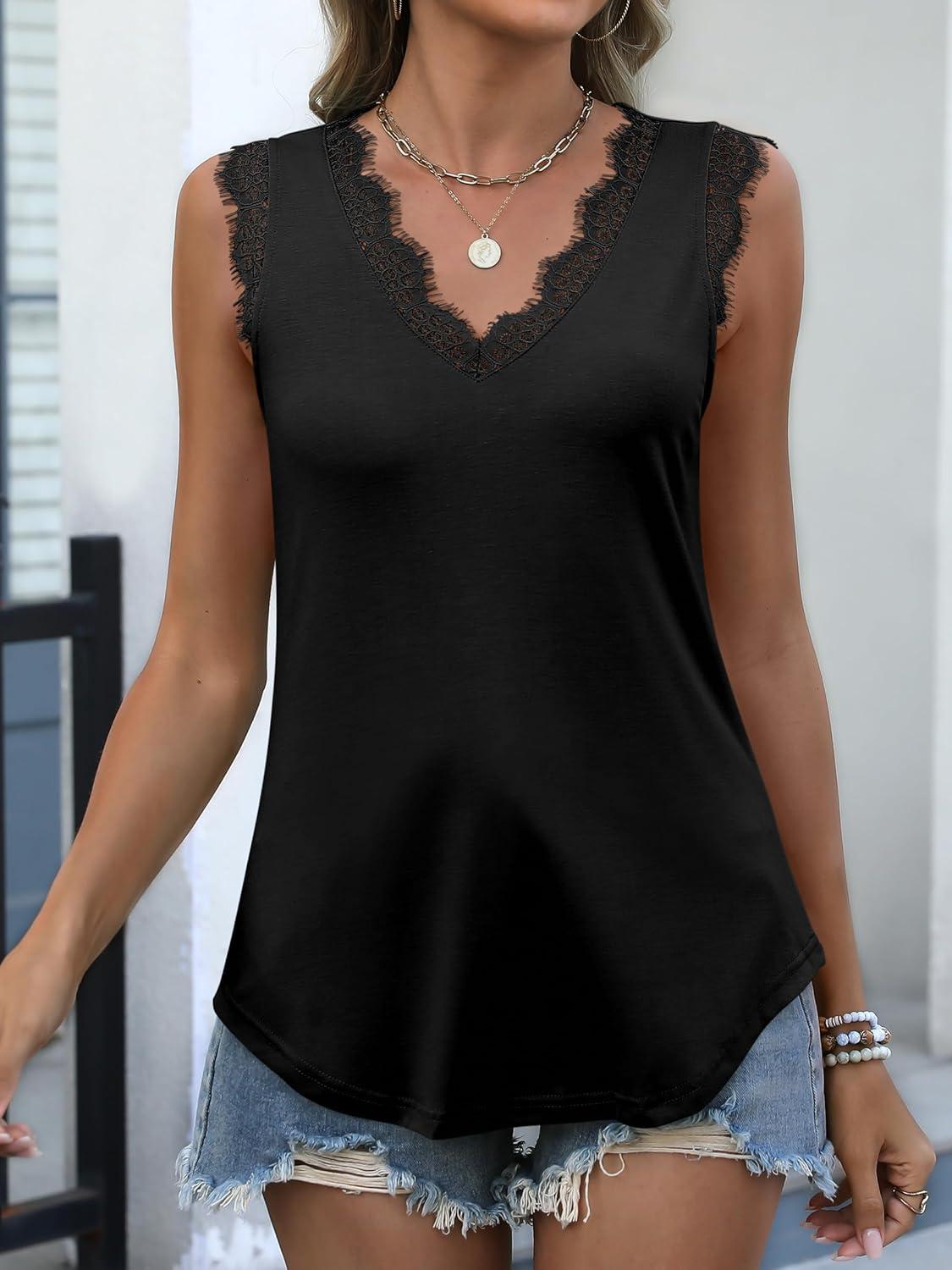 imageANRABESS Womens Lace Trim Tank Tops V Neck Sleeveless Shirts 2025 Summer Casual Trendy Dressy Cami TopBlack
