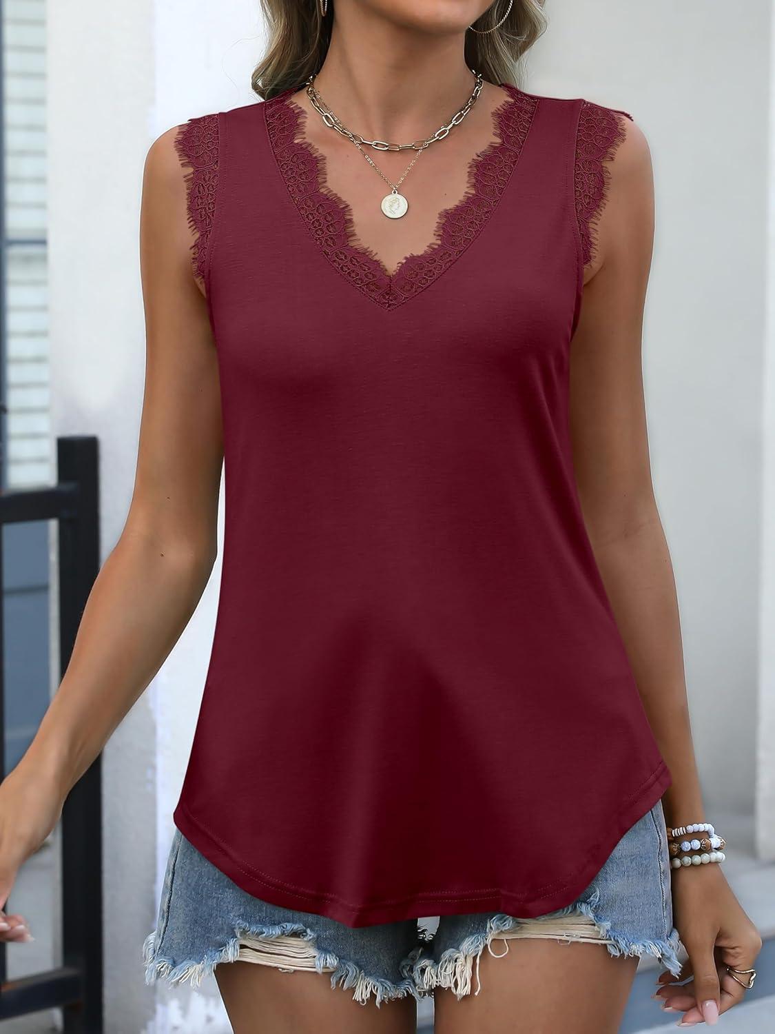 imageANRABESS Womens Lace Trim Tank Tops V Neck Sleeveless Shirts 2025 Summer Casual Trendy Dressy Cami TopBurgundy