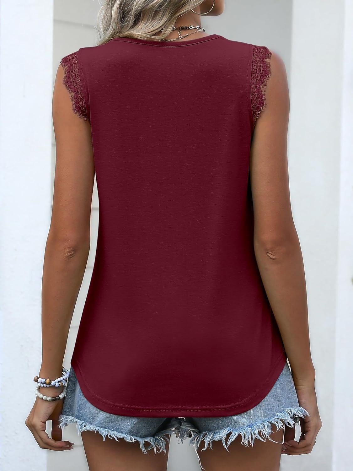 imageANRABESS Womens Lace Trim Tank Tops V Neck Sleeveless Shirts 2025 Summer Casual Trendy Dressy Cami TopBurgundy