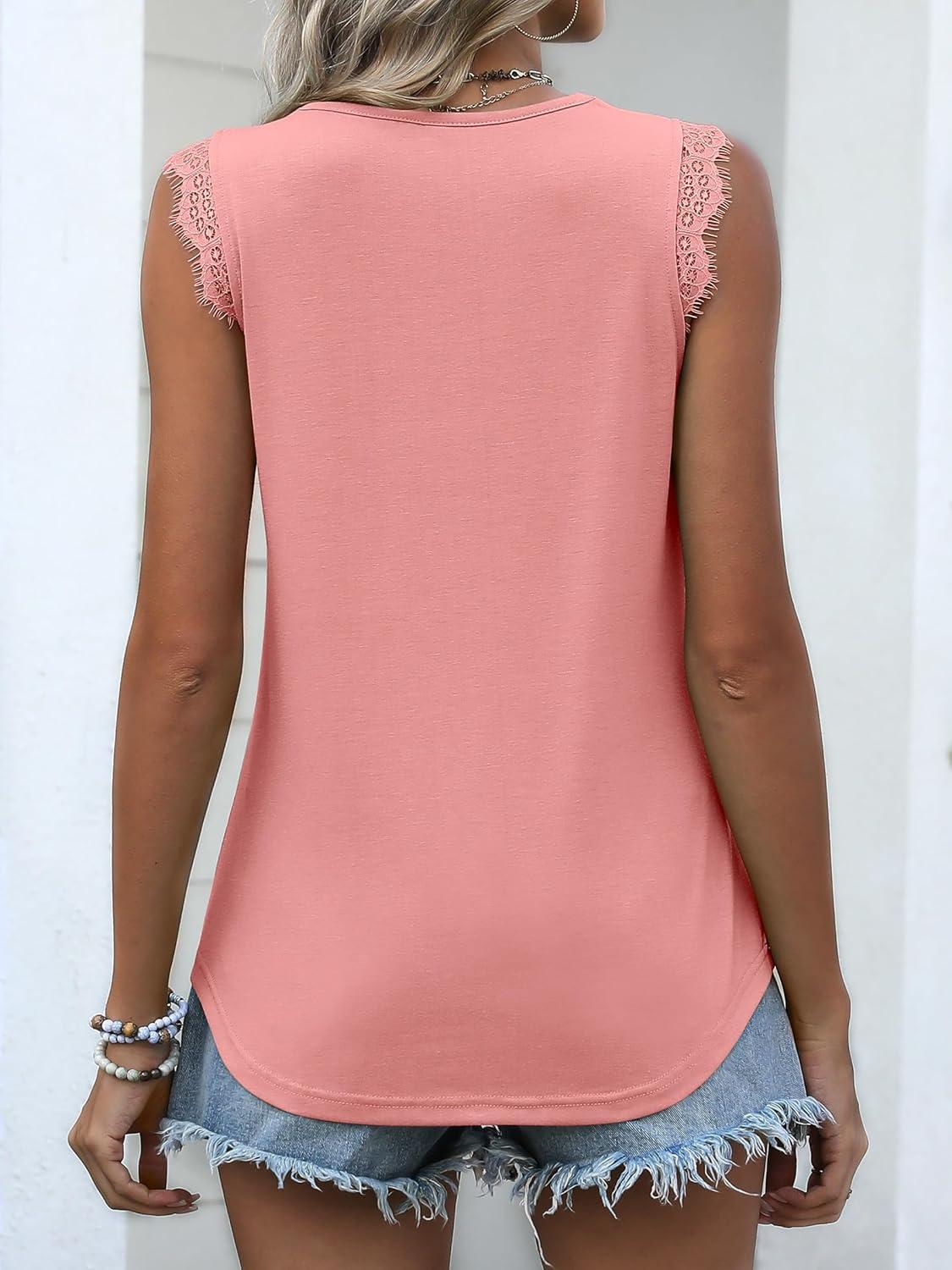 imageANRABESS Womens Lace Trim Tank Tops V Neck Sleeveless Shirts 2025 Summer Casual Trendy Dressy Cami TopCoral Pink