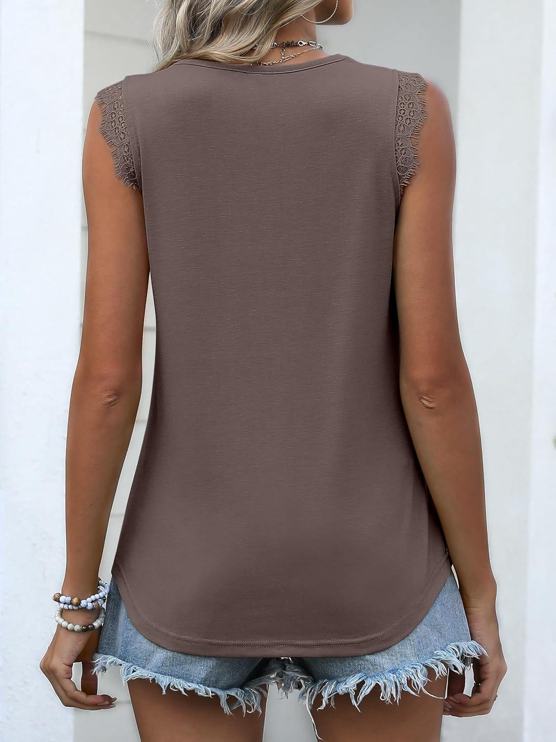 imageANRABESS Womens Lace Trim Tank Tops V Neck Sleeveless Shirts 2025 Summer Casual Trendy Dressy Cami TopLight Brown