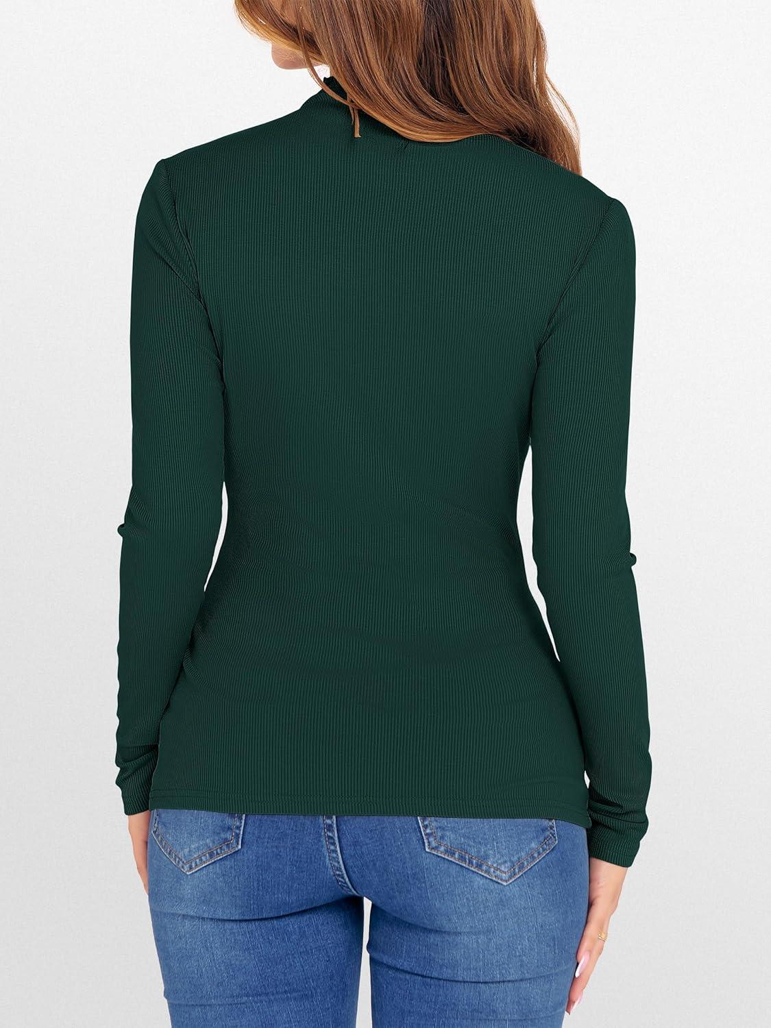 imageANRABESS Womens Lettuce Trim Mock Neck Long Sleeve Tops 2025 Casual Dressy Ribbed Knit Slim Fit Tee Shirt Fall Layer OutfitsDeep Green