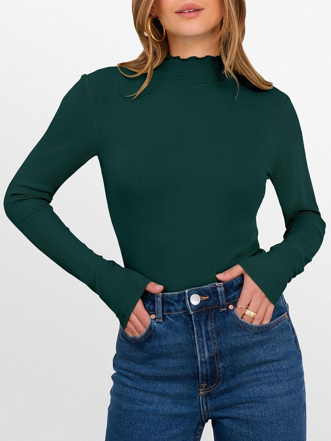 imageANRABESS Womens Lettuce Trim Mock Neck Long Sleeve Tops 2025 Casual Dressy Ribbed Knit Slim Fit Tee Shirt Fall Layer OutfitsDeep Green
